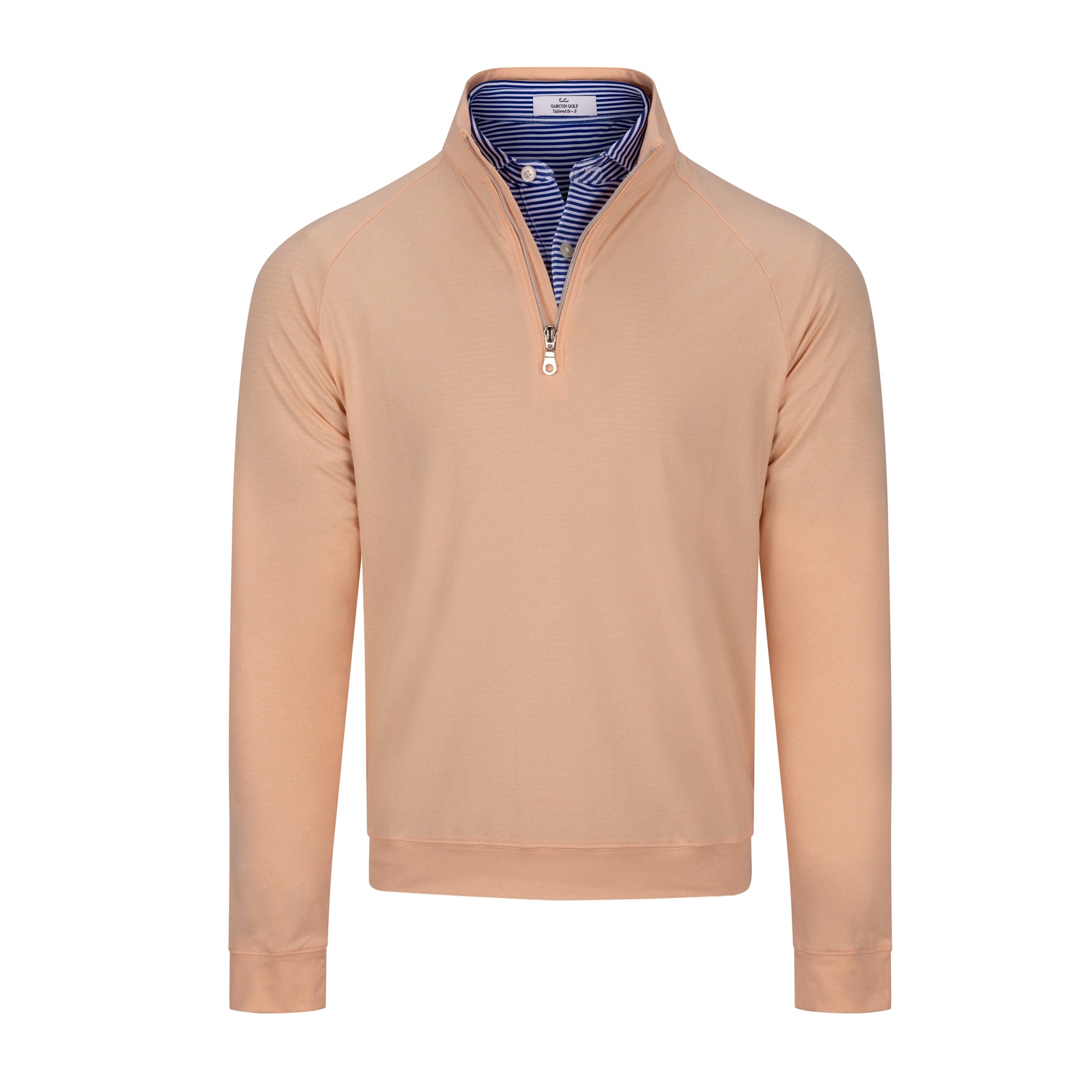 Orange long-sleeve shirt with a zipper on a white background